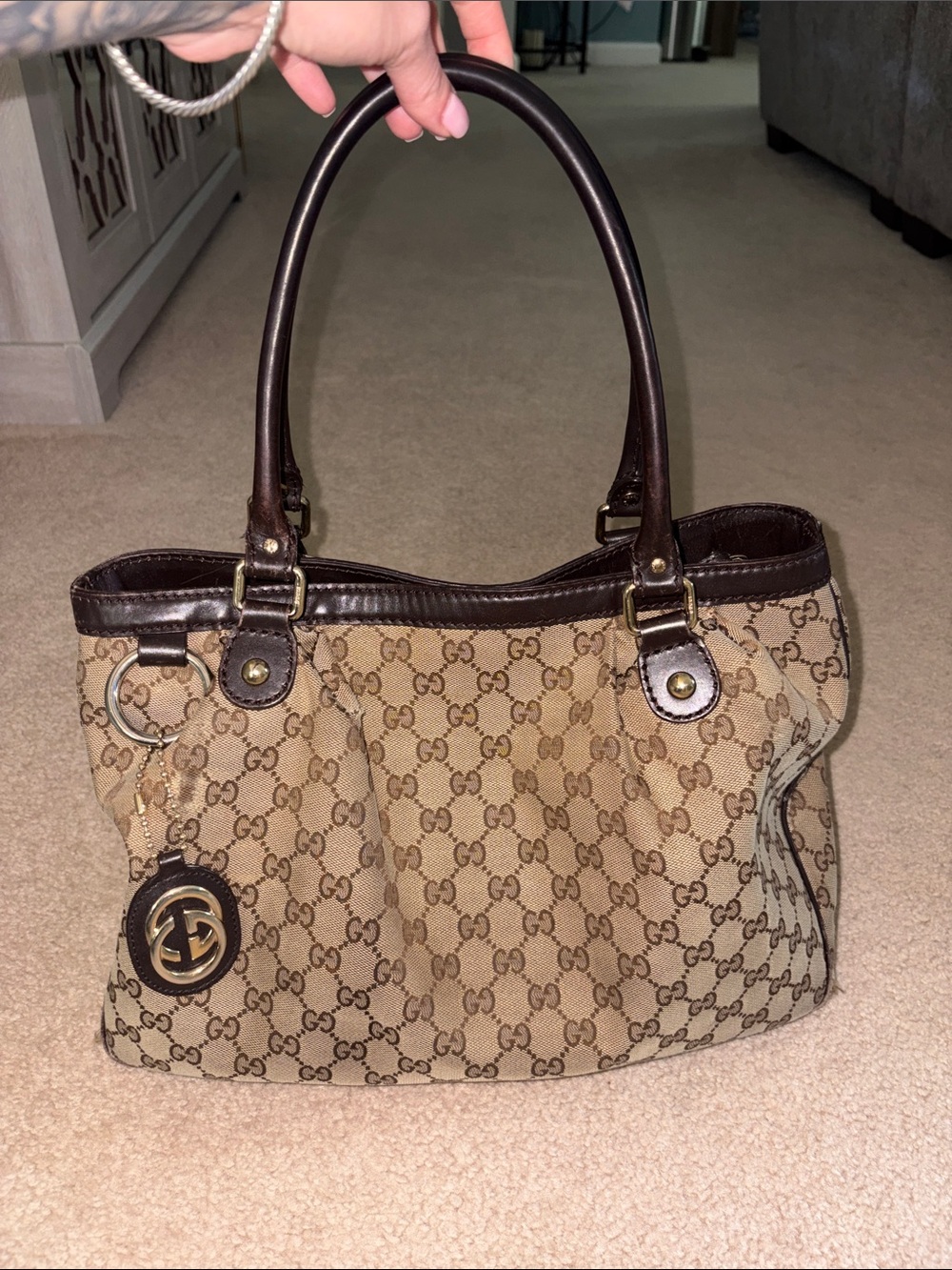 Gucci Beige GG Canvas Shoulder Bag with Brown Trim and Gold Charm - Picture 1 of 15
